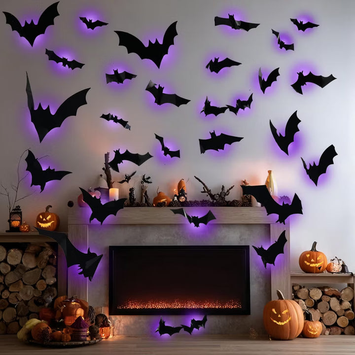 3D Bat Wall Decor with LED Lights — 24 Pack Halloween Decoration