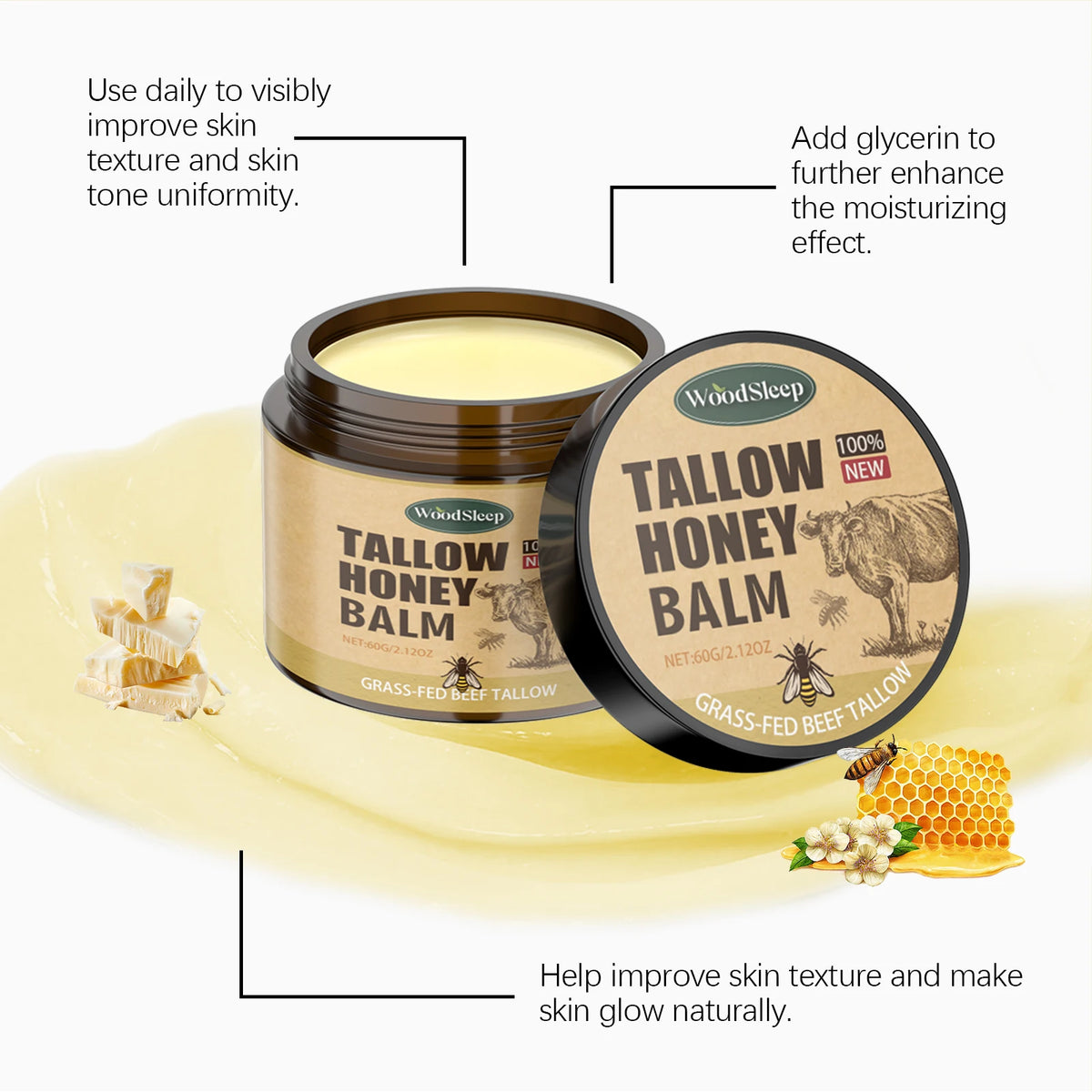 Whipped Beef Tallow and Honey Balm Skin Face Moisturizer Fast Absorption Grass Fed Grass Finished Organic Face Cream Body Lotion